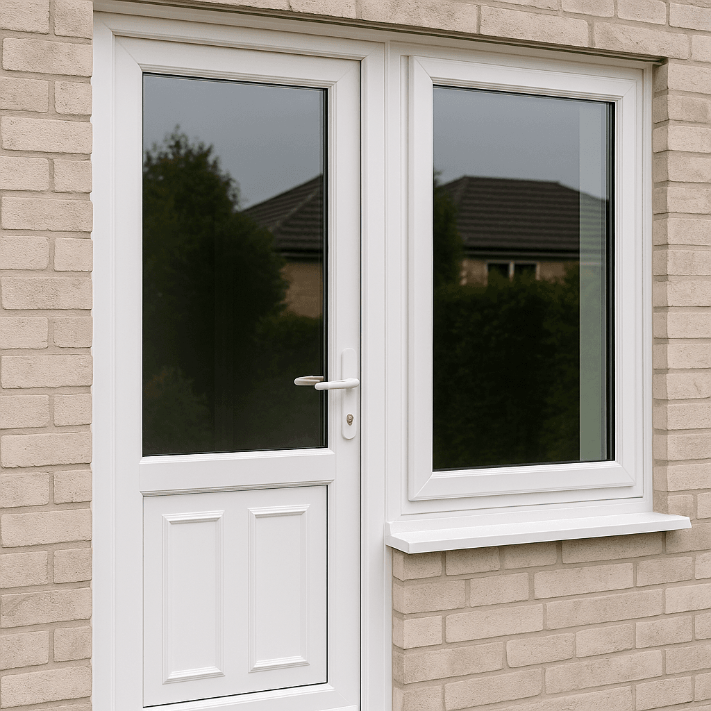 White UPVC Door and Window with Glass installed in it