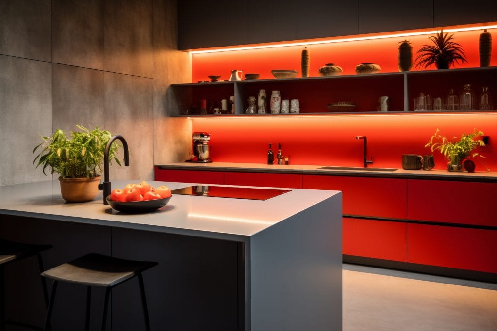 Bold red glass splashback in modern London kitchen